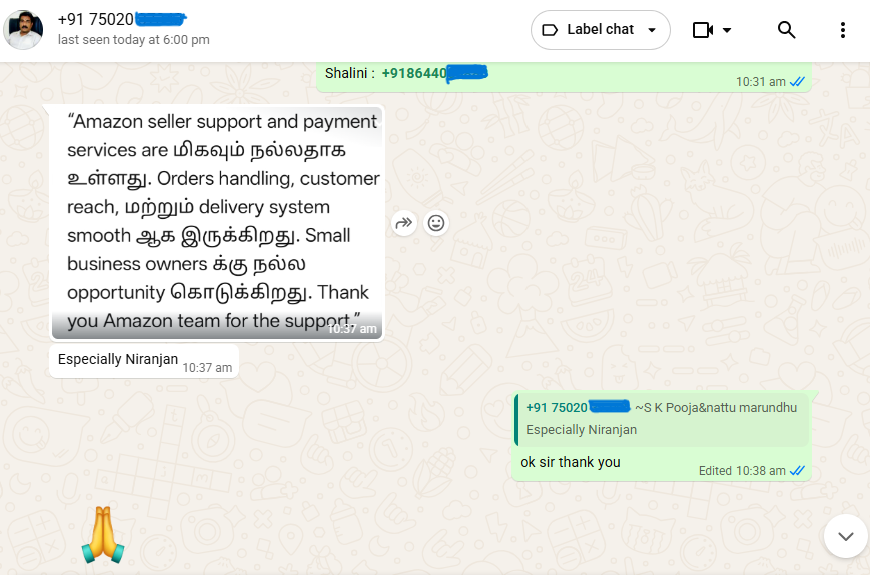 WhatsApp seller feedback from Amazon India seller about Orders and delivery support